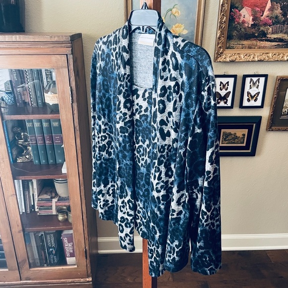 Alfred Dunner plus size open front leopard cardigan built-in tank 1X gray blue - Picture 3 of 9